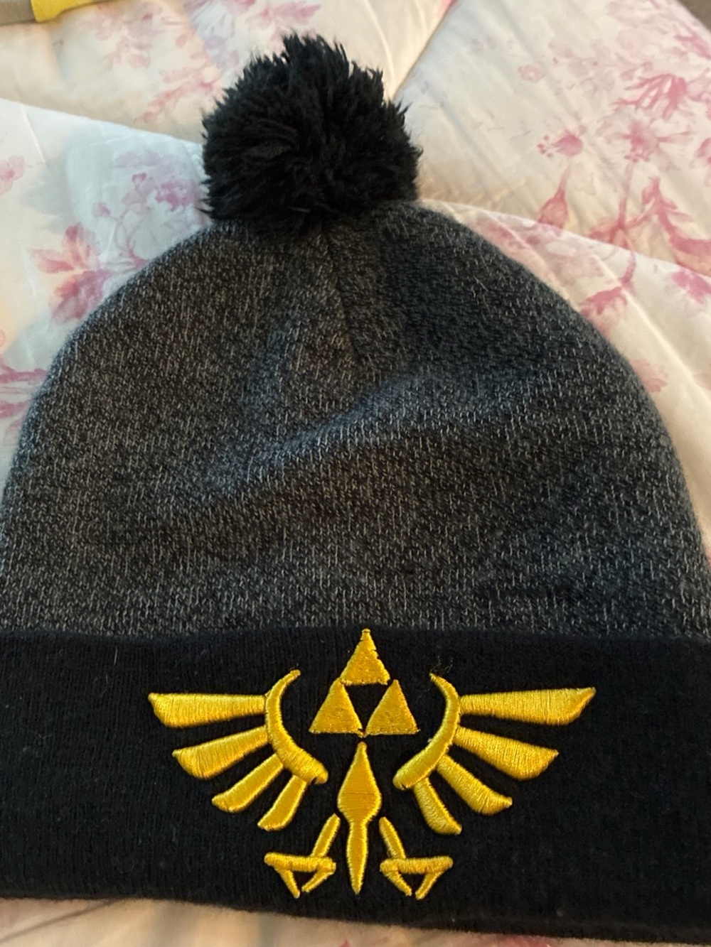 Nintendo Kids Gray & Black Pom Beanie with Zelda Emblem